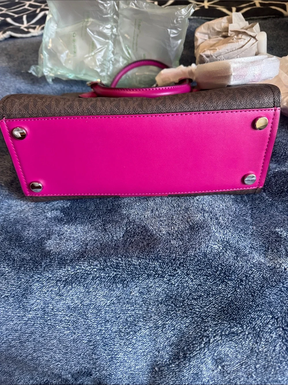 Michael Kors Brown & Hot Pink Signature Stripe Satchel - Picture 7 of 8